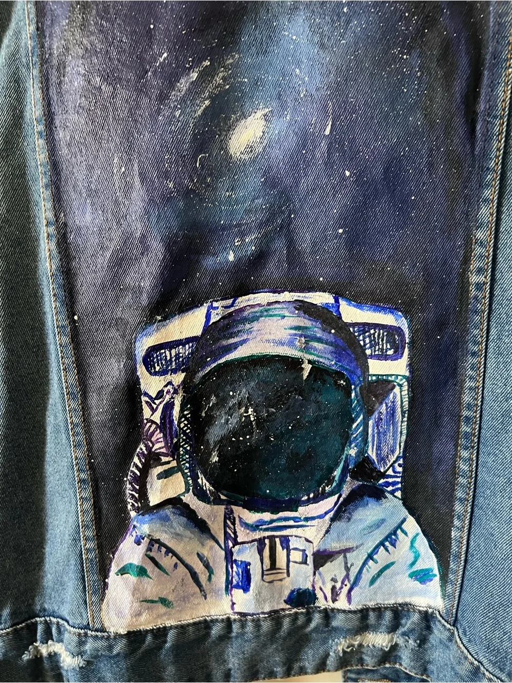 bp Upcycled Hand Painted Astronaut Space Denim Distressed Jacket Medium NWOT - Picture 9 of 10